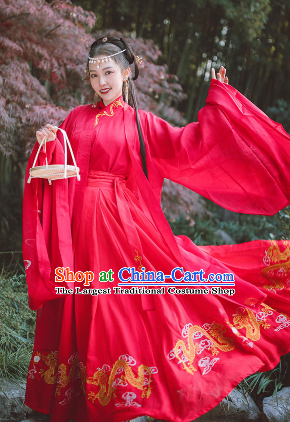 Chinese Red Hanfu Dress Jin Dynasty Embroidered Wedding Clothing Daxiushan Blouse and Skirt Complete Set