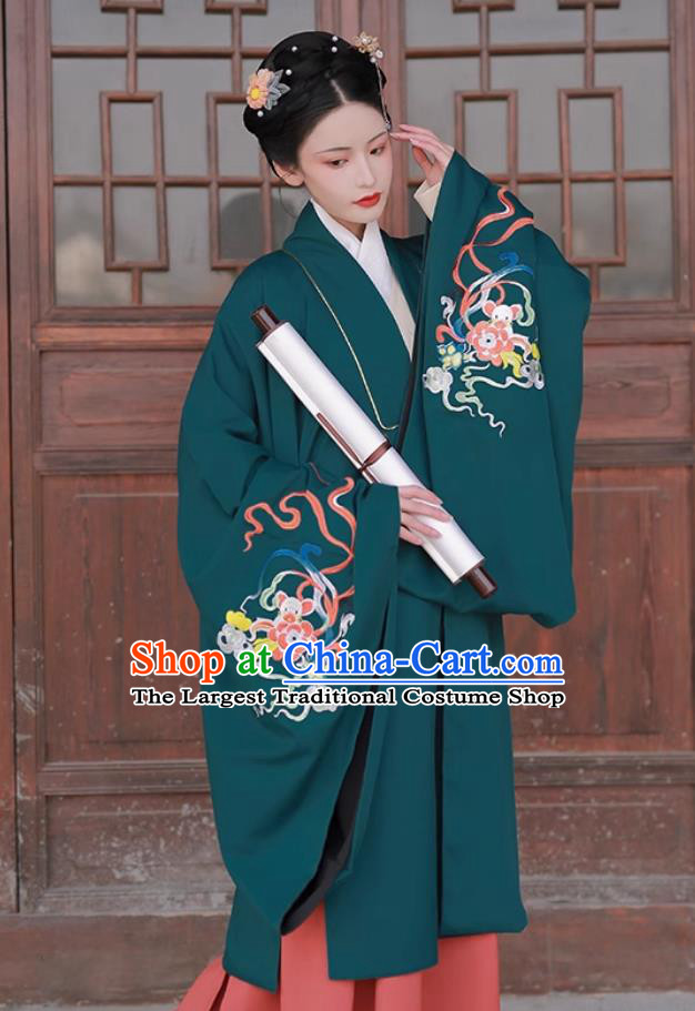 Green Ming Dynasty Hanfu Cloak Chinese Traditional Pifeng Embroidery Wide Sleeve Cape