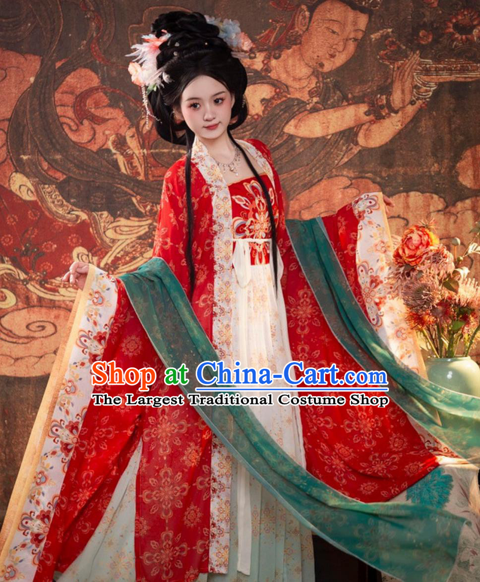 China Hanfu Women Tang Dynasty Chang An Red Wide Sleeves Robe Restoration Style Hezi Dress