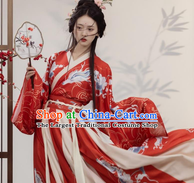 Red Hanfu Chinese Women Wei Jin Style Cross Collar Wide Sleeves High Waist Printed Broken Skirt
