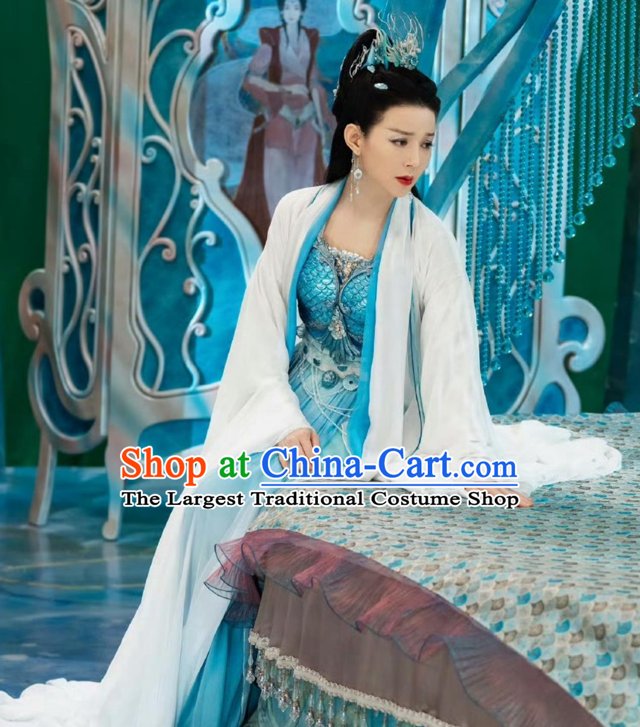 Drama Sword and Fairy Zhu Yu Clothing Traditional Woman Blue Dress Chinese Ancient Queen Costume