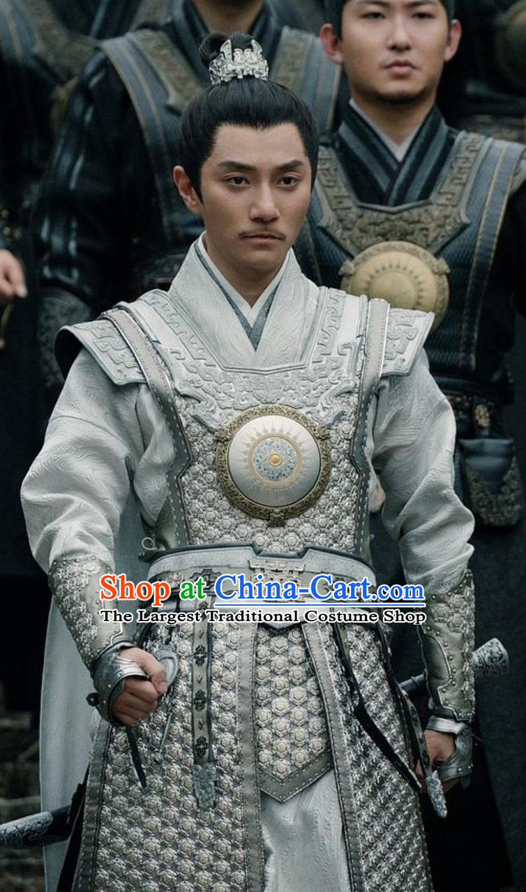 Ancient Chinese General Argent Armor Clothing Traditional Garments TV Series Guardians of the Dafeng Official Li Yu Chun Replica Costume