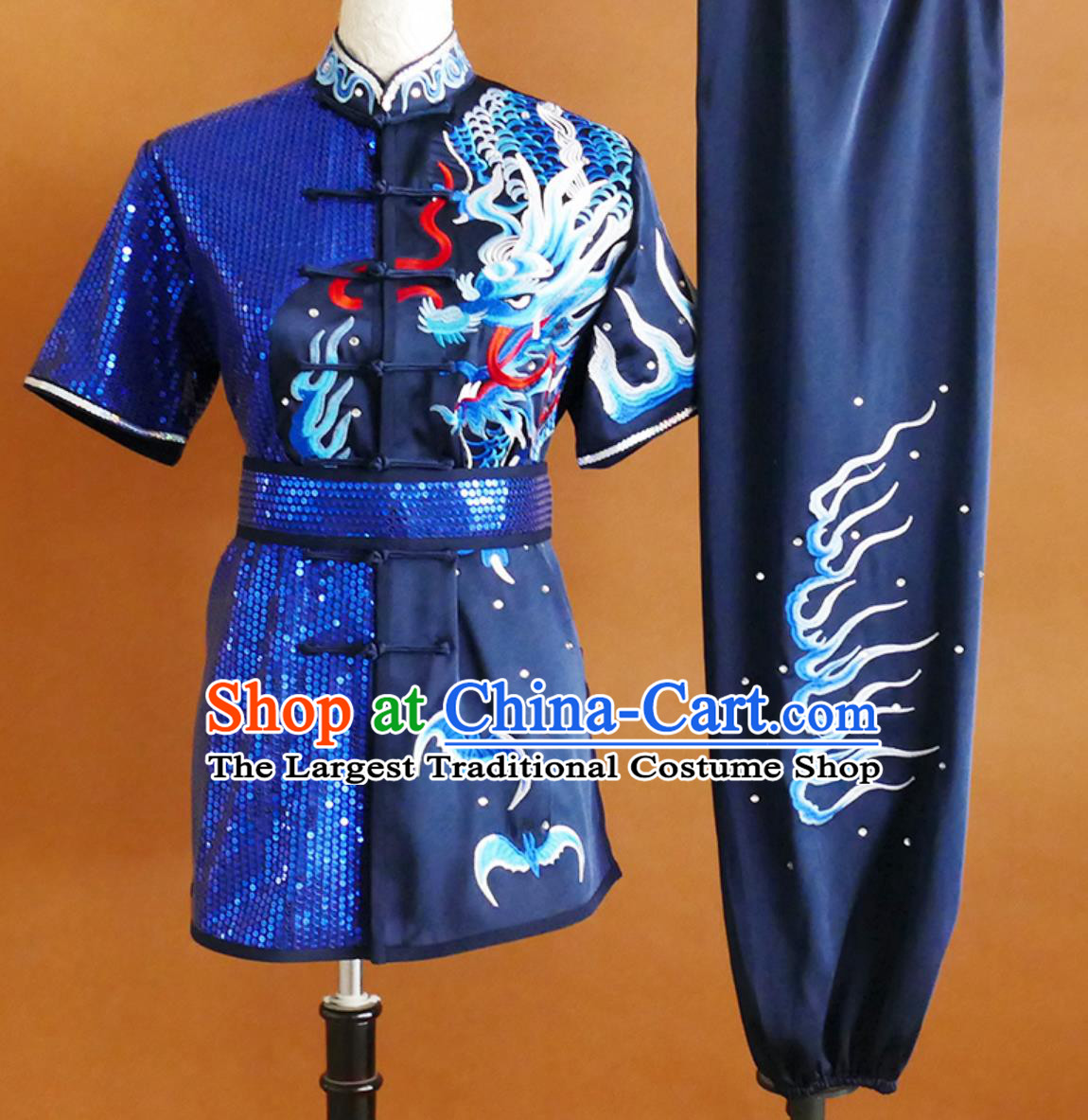 16th World Wushu Championships Short Sleeve Dragon Embroidery Wushu Costume Sequins Competition Colorful Uniform