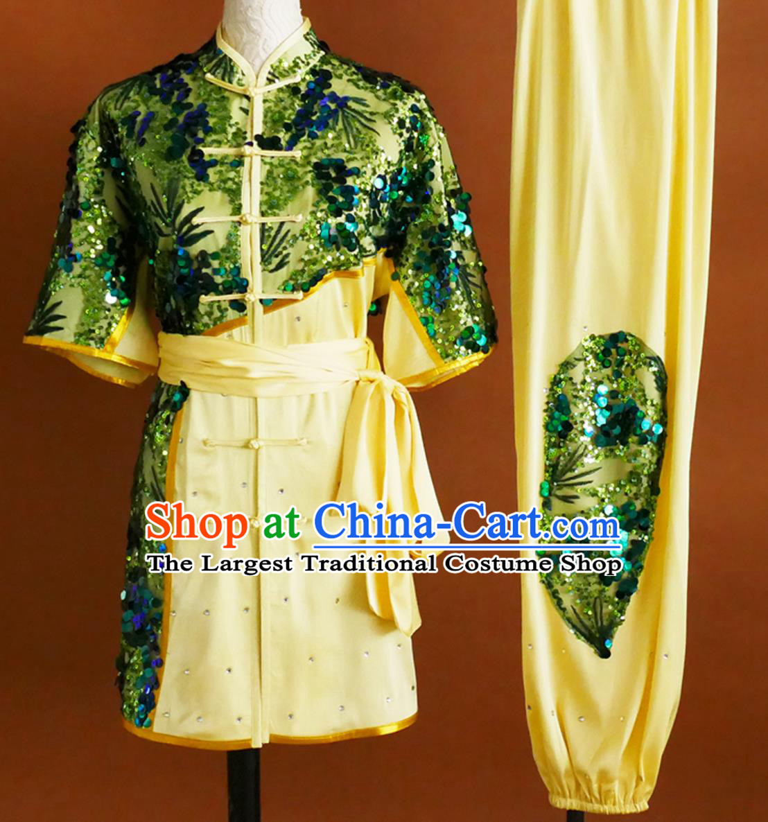 Top World Wushu Championships Clothing Sequins Applique Embroidery Changquan Uniform Wushu Competition Short Sleeve Outfit