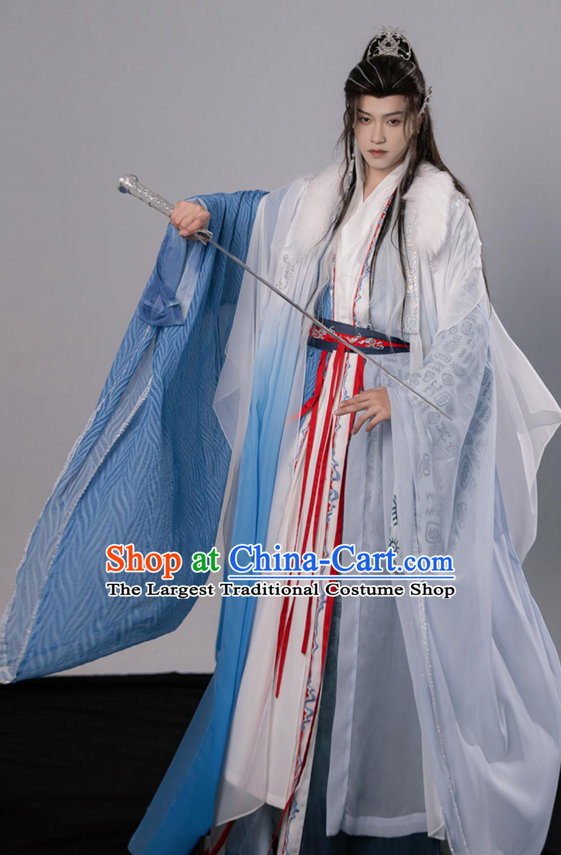 Blue Hanfu Men Chinese Traditional Costume Ancient Xianxia Taoist Robe Set
