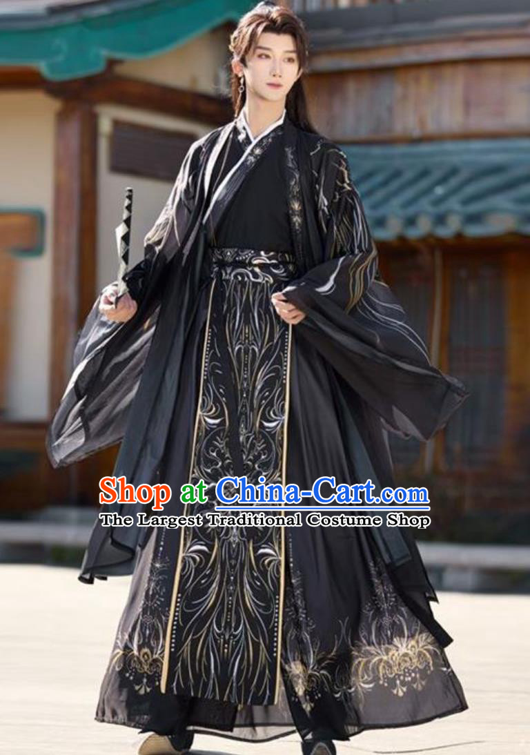Chinese Hanfu Men Dark Black Wuxia Robe Traditional Cross Collar Taoist Robe and Cloak Complete Set