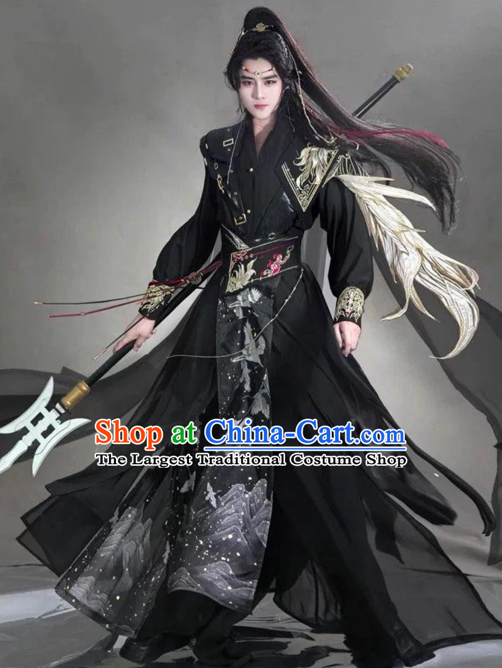 Chinese Hanfu Mystic Bird Cloak Black Gold Ancient Young Hero Costumes Complete Set