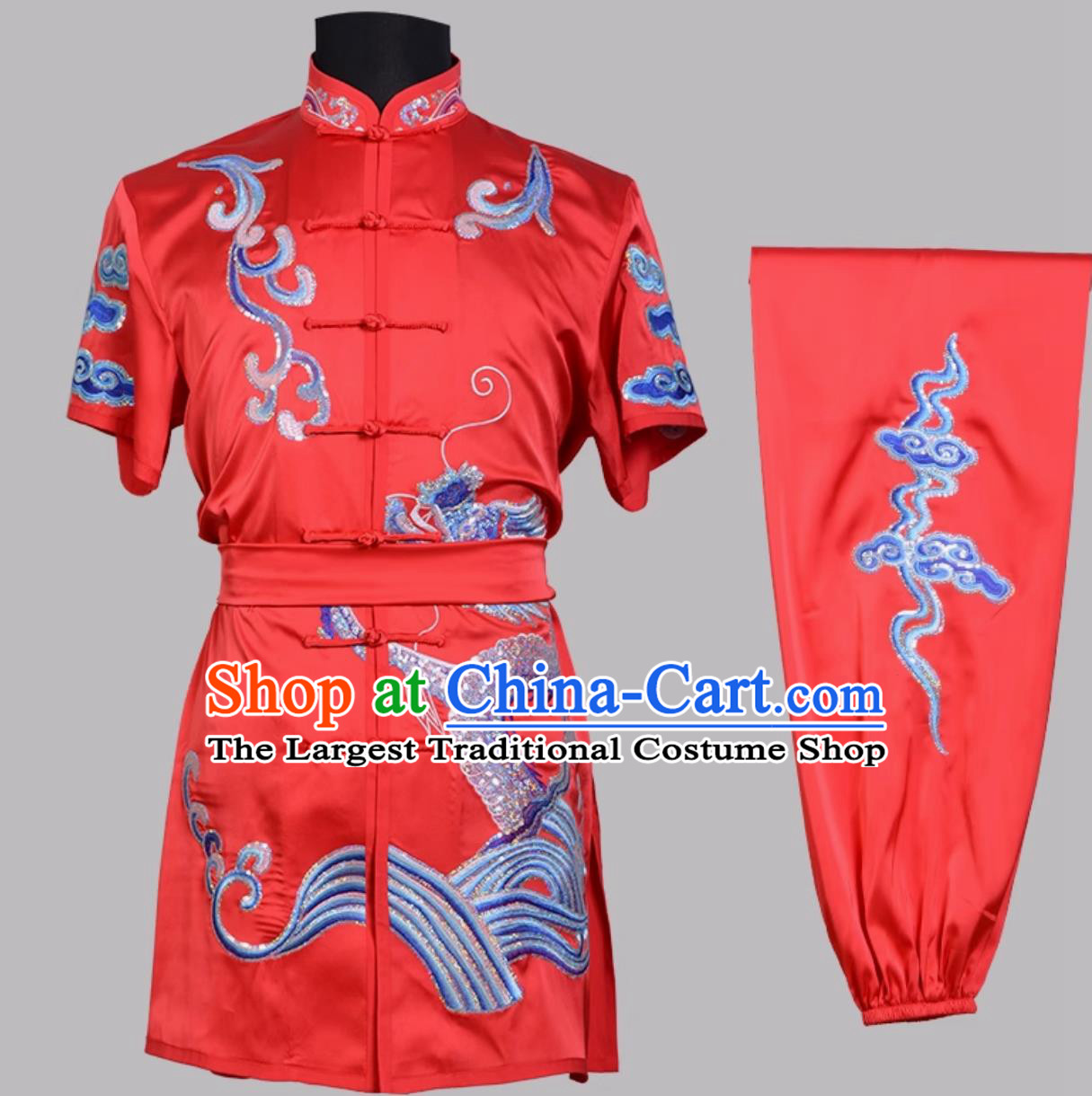 Red Wushu Taolu Competition Uniform Chinese Kung Fu Sparkling Embroidered Changquan Suit Training Wushu Exam Costume