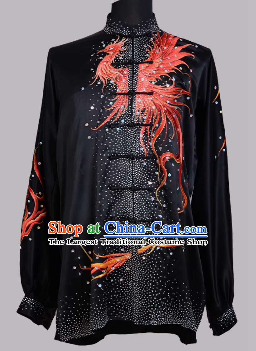 Black Pure Silk Embroidered Taiji Competition Uniform Chinese Style Training Outfit Sparkling Costume