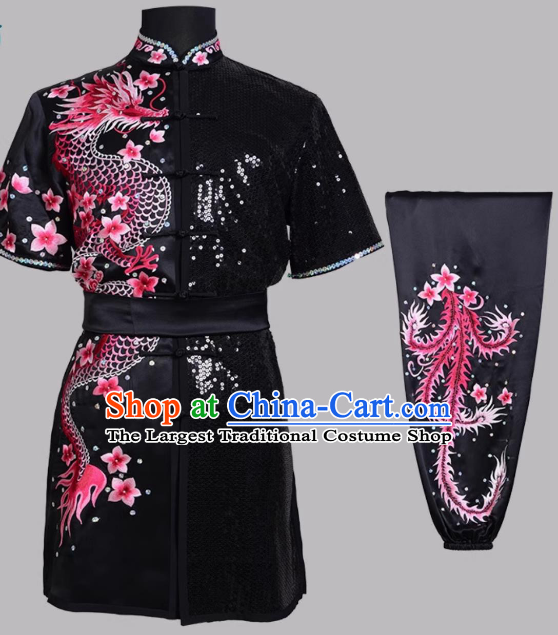 Pure Silk Embroidered Hand Pushed Embroidery Dragon Phoenix Wushu Uniform Changquan Colorful Wushu Clothing Exam Competition Black Outfit