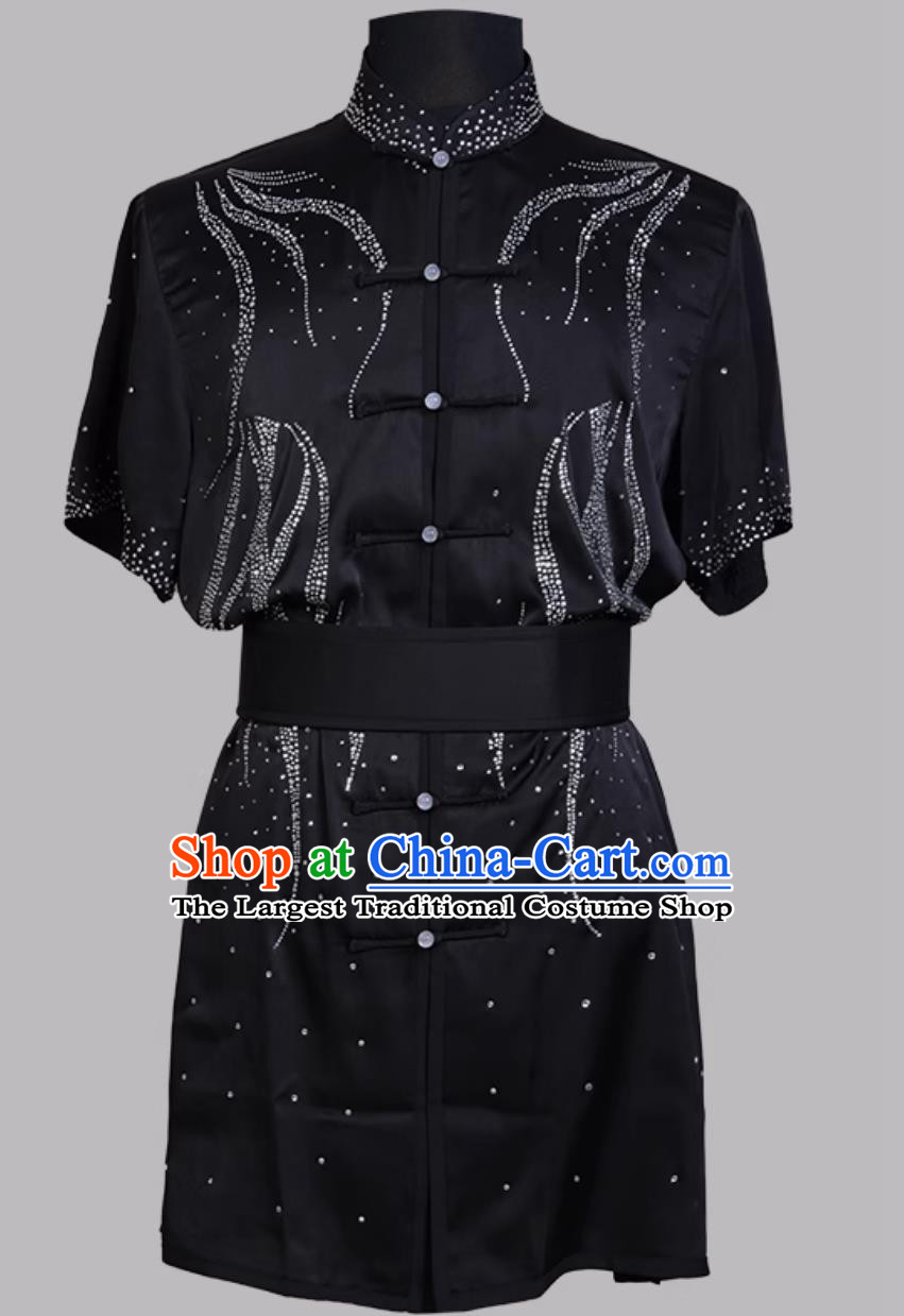 Hot Fix Rhinestone Wushu Colorful Performance Costume Kung Fu Competition Outfit Martial Arts Clothing