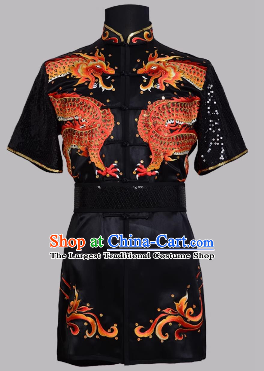 Black Pure Silk Embroidered Changquan Wushu Uniform Colorful Double Dragon Performance Competition Training Outfit Wushu Exam Costume