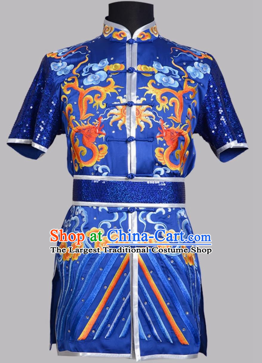 Blue Dragon Eagle Embroidered Changquan Wushu Uniform Wushu Exam Competition Performance Colorful Outfit