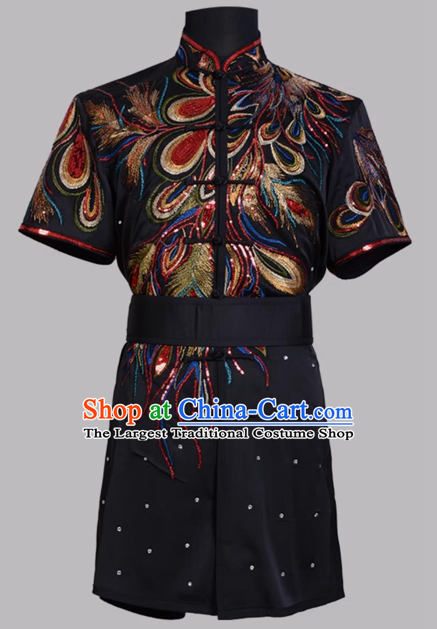 Colorful Changquan Sparkling Black Competition Phoenix Outfit Chinese Martial Arts Costume