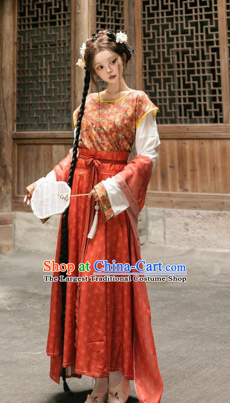 Hanfu Dunhuang Floral Medley Performance Costume Chinese Round Collar Pleated Skirt High Waist Tang Dynasty Beizi Women Set