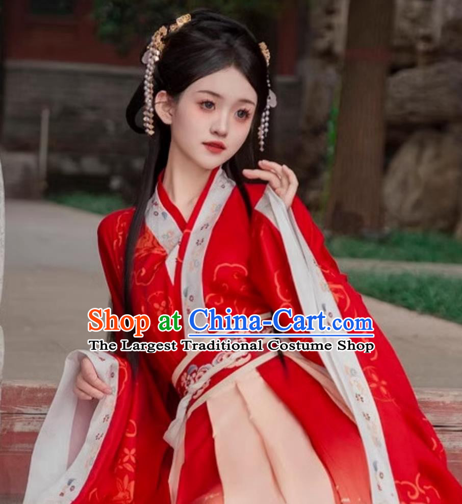 Hanfu Women Red Daxiu Chinese Ancient Princess Costume Cross Collar Wide Sleeves Robe