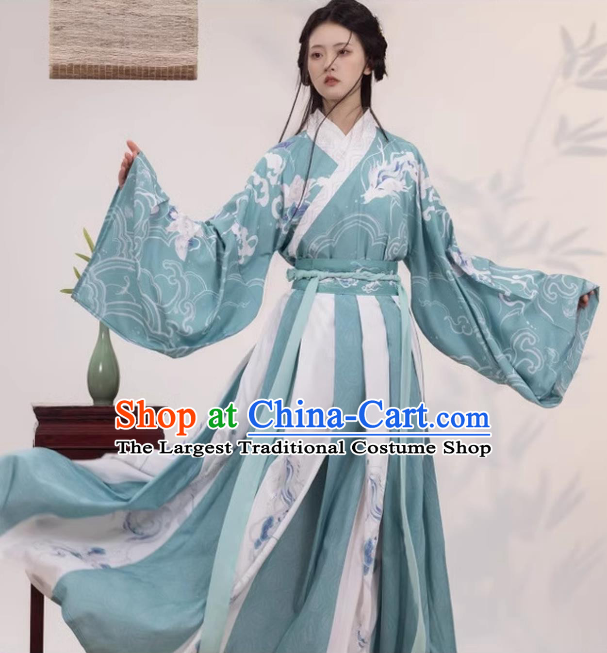 Chinese Hanfu Dress Wei Jin Style Cross Collar Wide Sleeves High Waist Printed Broken Skirt Complete Set for Women