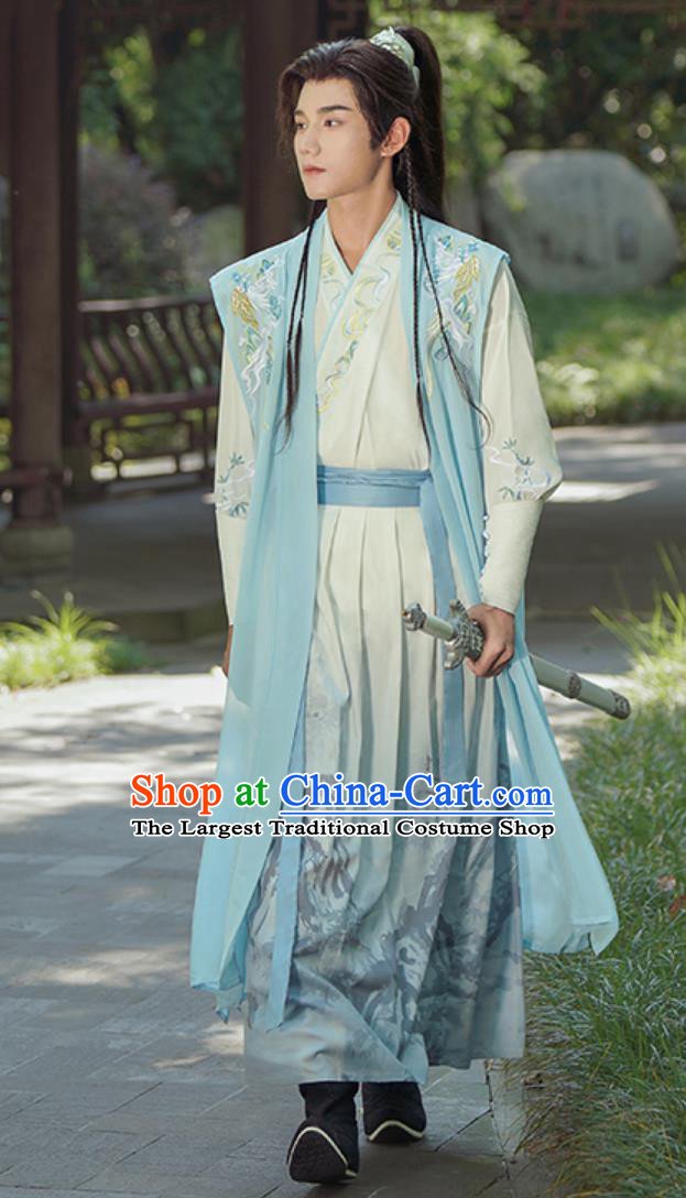 Embroidery Hanfu Cross Collar Long Gown Chinese Wuxia Style Handsome Swordsman Costumes Complete Set