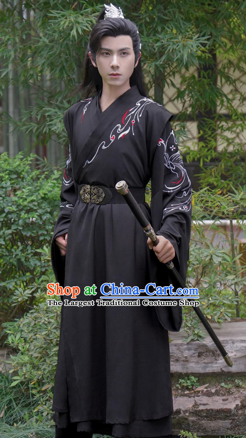 Chinese Hanfu Ming Dynasty Swordsman Black Uniform Embroidery Wuxia Costumes Complete Set