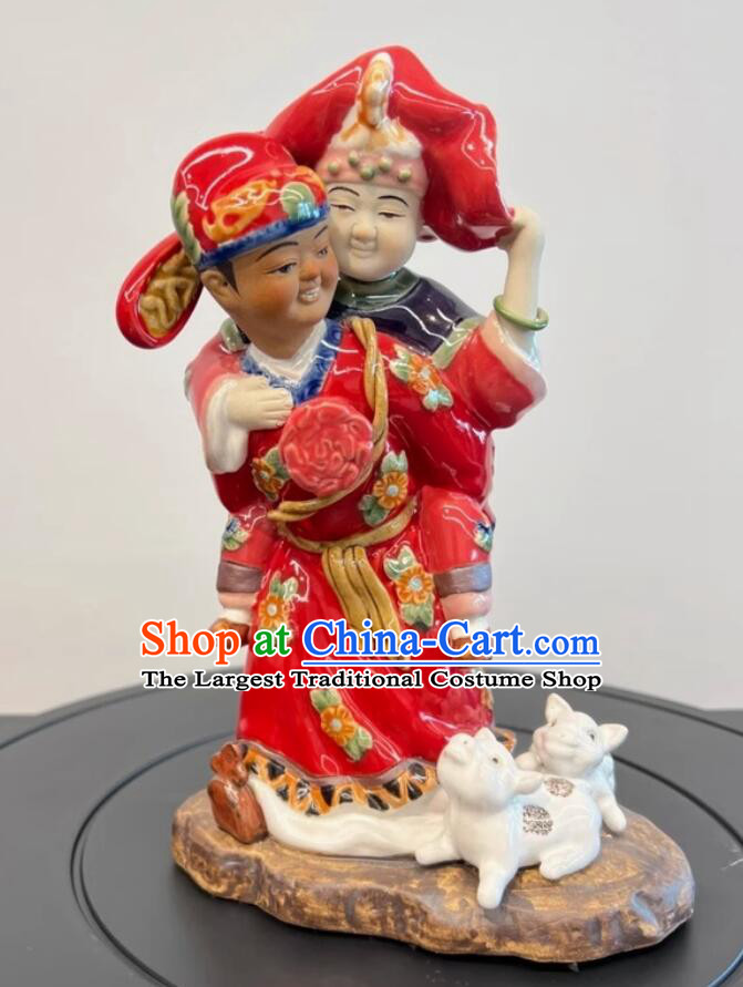 Chinese Shiwan Ceramics Statue Handmade Traditional Porcelain Artwork Wedding Couple