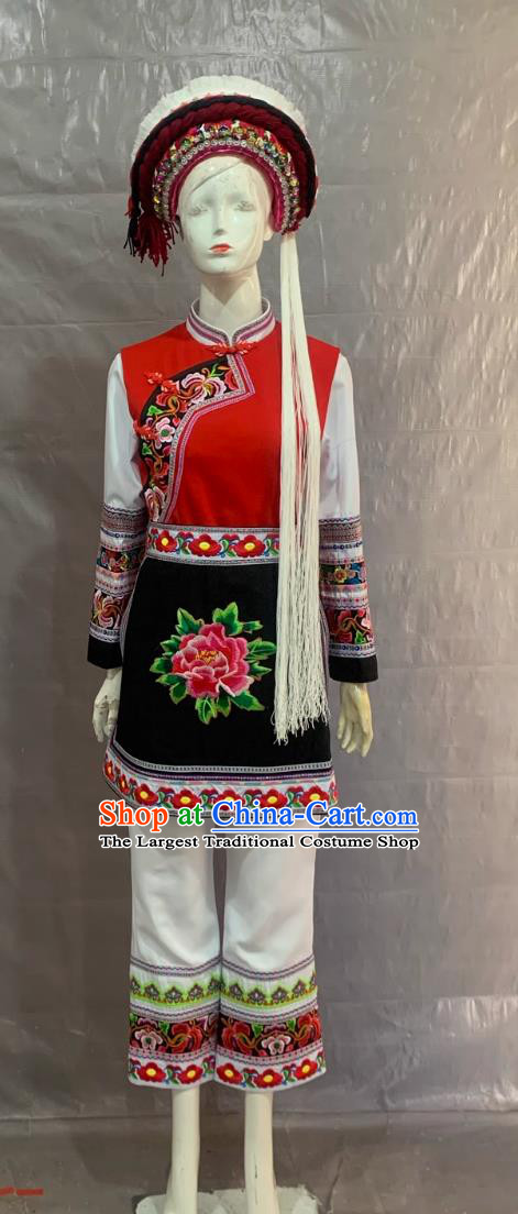 Bai Ethnic Adult Long Dress Performance Costume Embroidered 56 Chinese Ethnic Minorities Traditional Clothing Red Black White Suit