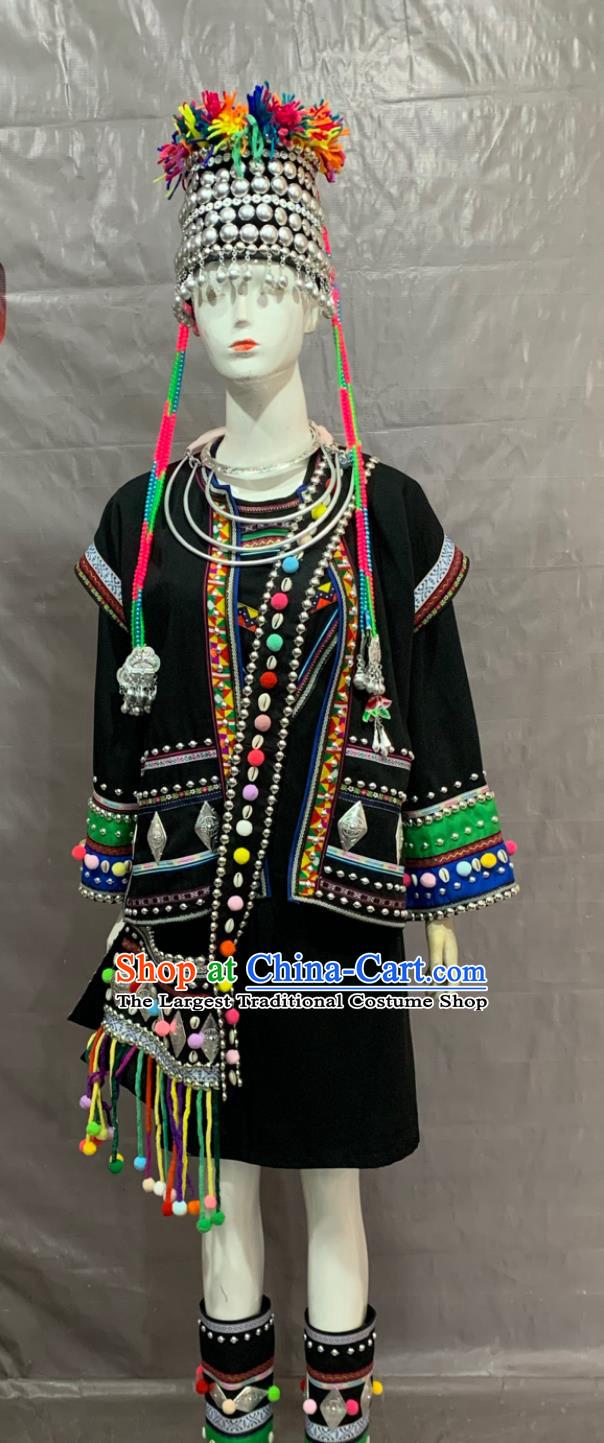 Chinese Hani Ethnic Adult Long Dress Stage Costume Embroidered 56 Chinese Ethnic Minorities Traditional Black Clothing