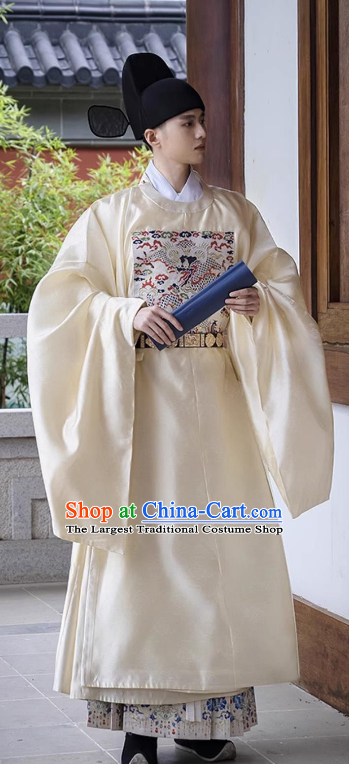 Hanfu Men Ming Dynasty Military Official Robe Round Neck Gown Beige Mandarin Square Traditional Chinese Costume