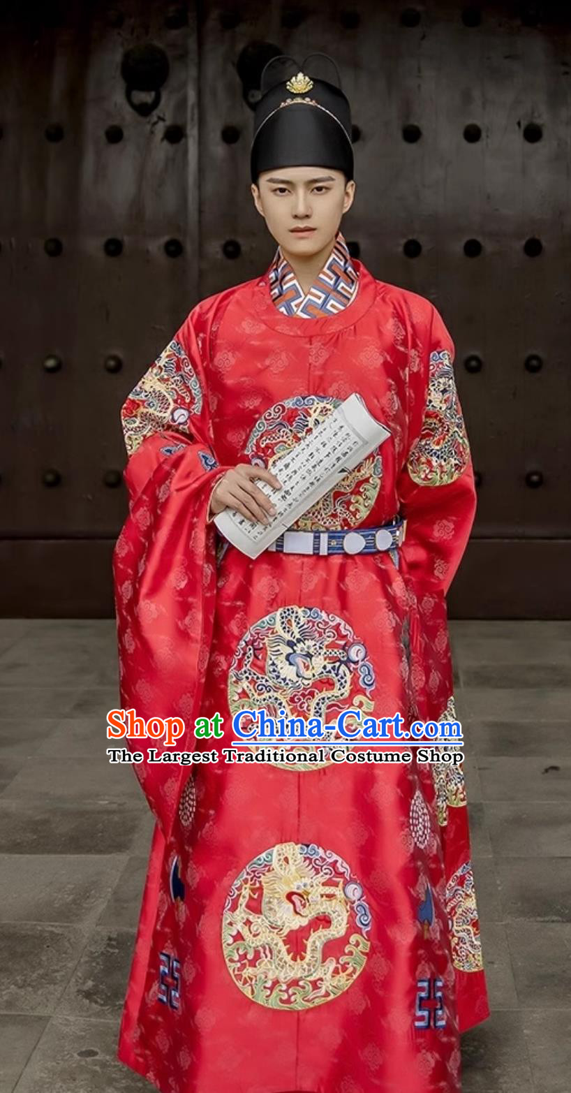 Chinese Ming Dynasty Twelve Chapter Patterns Dragon Roundel Gunfu Robe Round Neck Gown Wedding Hanfu Bridal Embroidery Costume