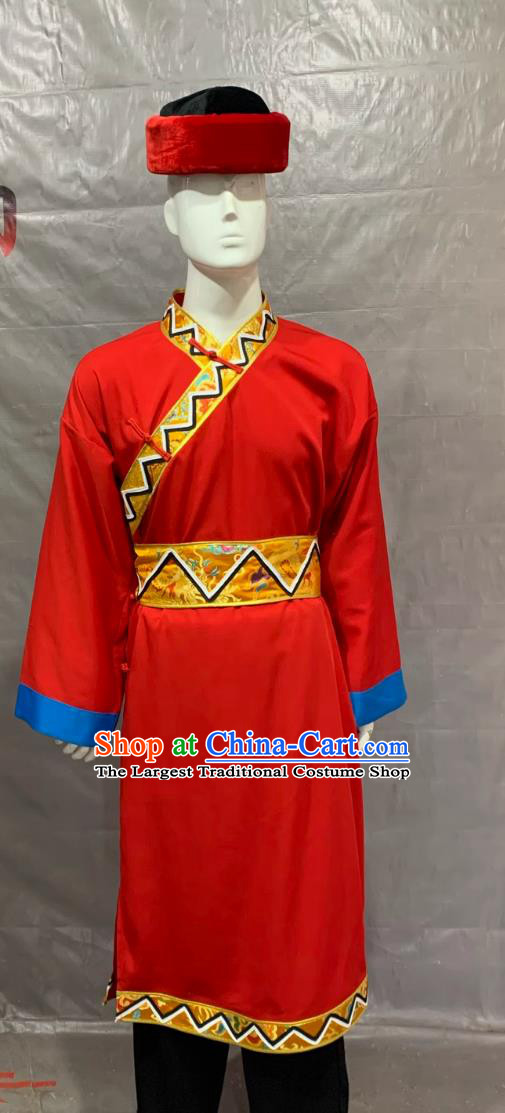 Monba Ethnic Men Long Gala Performance Costume Embroidered Chinese Ethnic Minority Clothing Traditional Red Suit