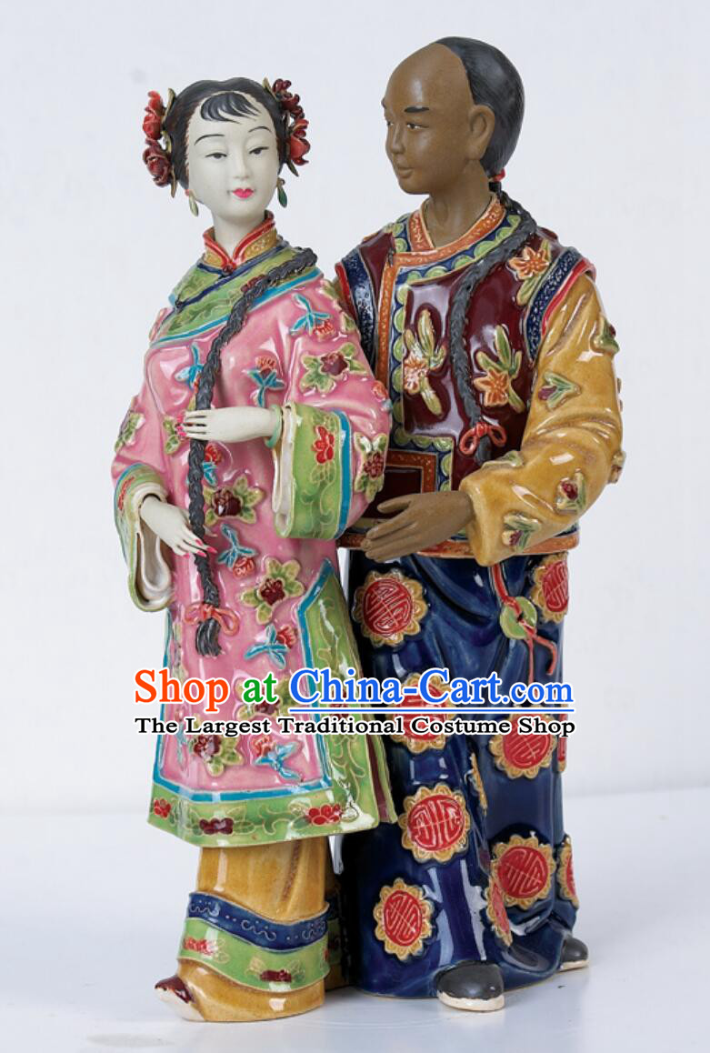 Chinese Wedding Celebration Married Couple Gift Shiwan Ceramic Figurine Handcrafted Ornament Eternal Union of Hearts