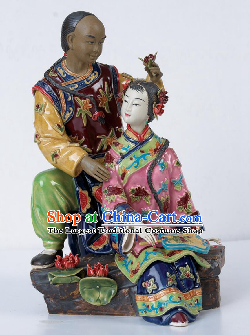 Chinese Wedding Celebration Married Couple Gift Shiwan Ceramic Figurine Handcrafted Ornament Heart to Heart