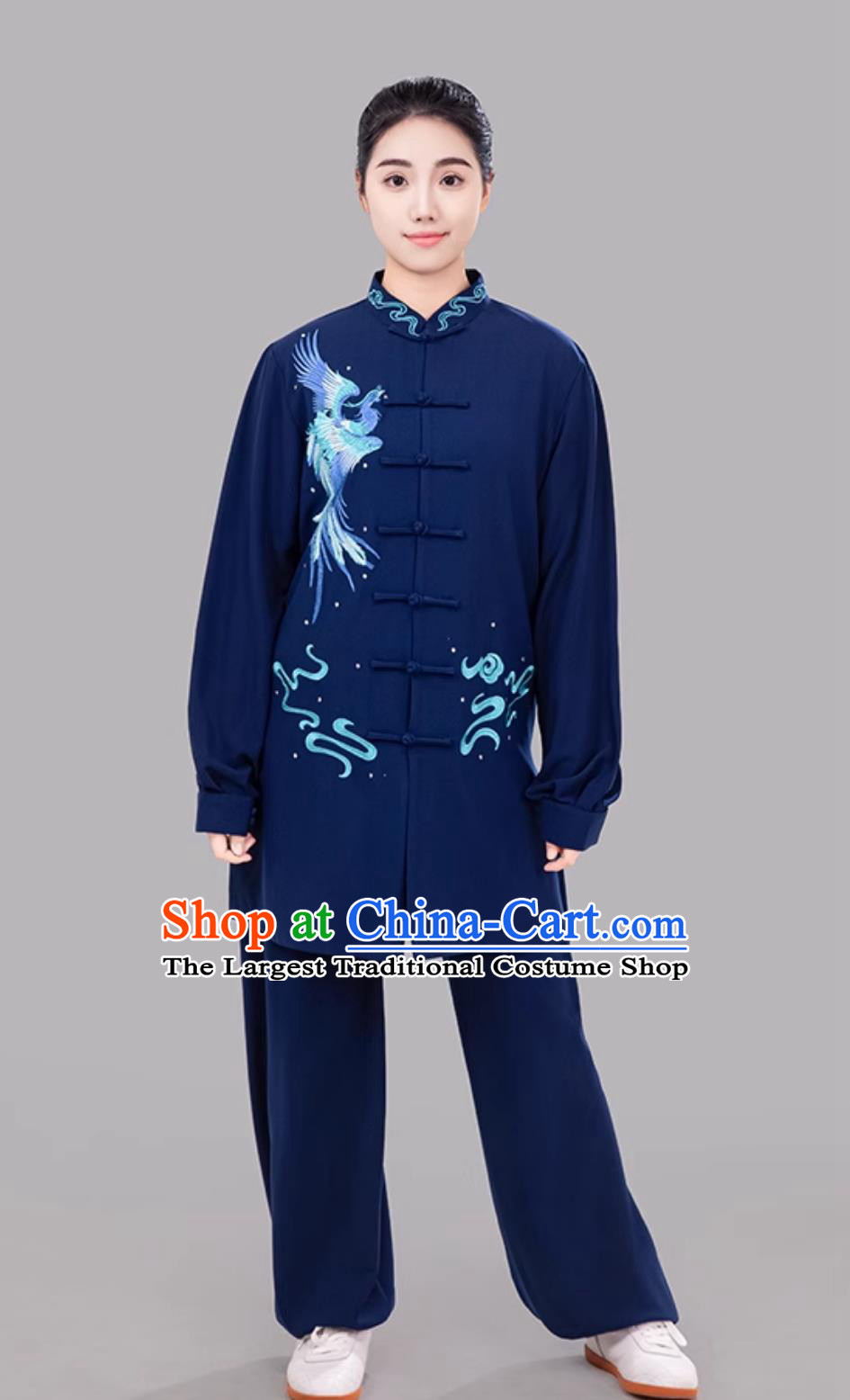 Navy Blue Phoenix Embroidered Women Tai Chi Suit Taiji Costume Ba Duan Jin Training Outfit
