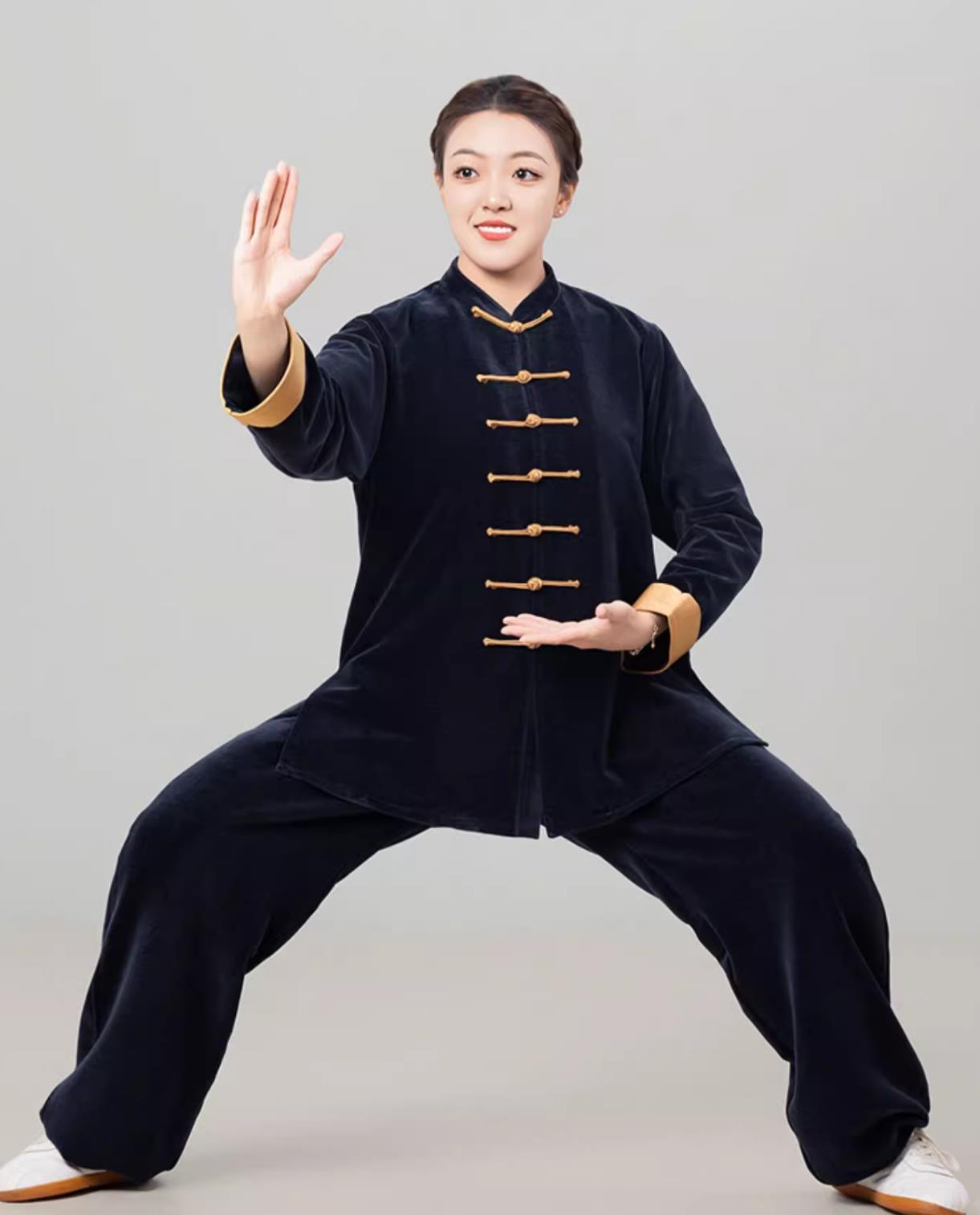 Navy Blue Double Faced Fleece Women Tai Chi Suit Autumn Winter Thickened Tai Chi Training Uniform Martial Arts Clothing