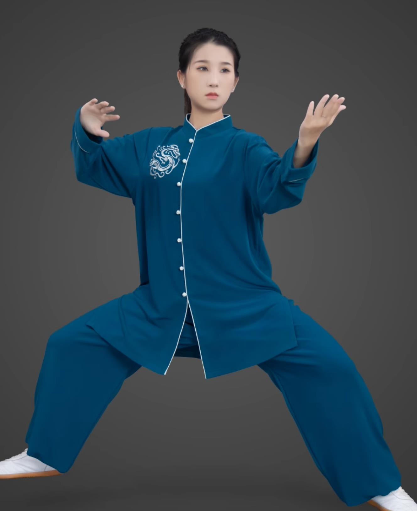 Teal Embroidered Women Tai Chi Suit Mid Long Taiji Competition Uniform Kung Fu Performance Training Costume