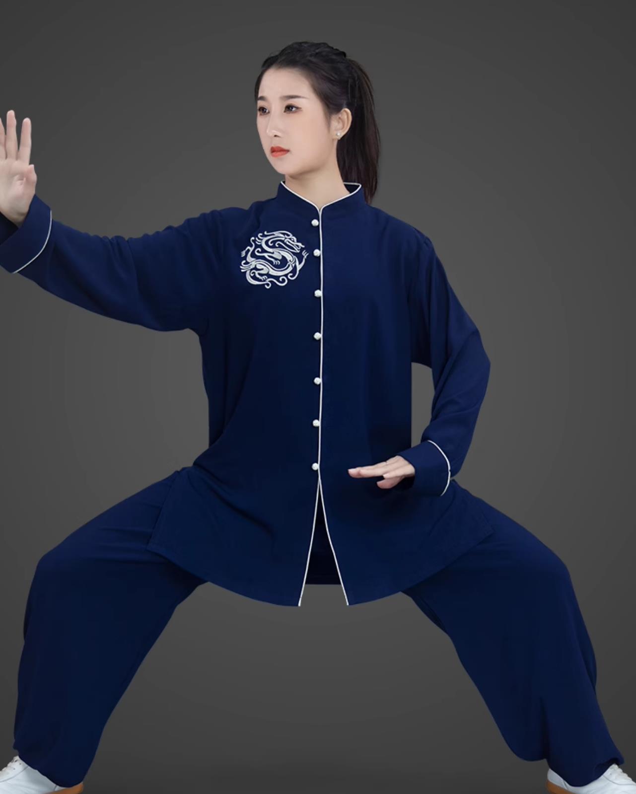 Navy Blue Embroidered Women Tai Chi Suit Mid Long Taiji Competition Uniform Kung Fu Performance Training Costume