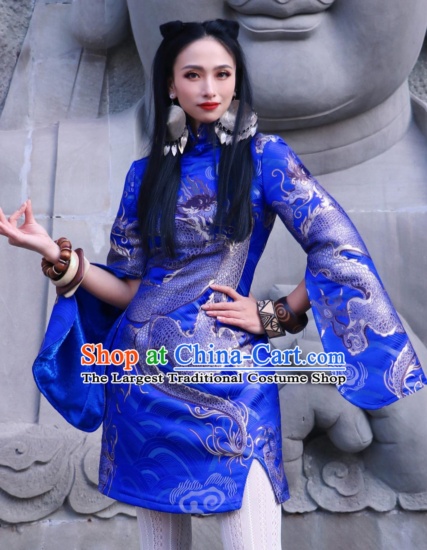 Blue Dragon Jacquard Brocade Slit Long Sleeve Chinese Street Style Modified Runway Short Qipao Dress