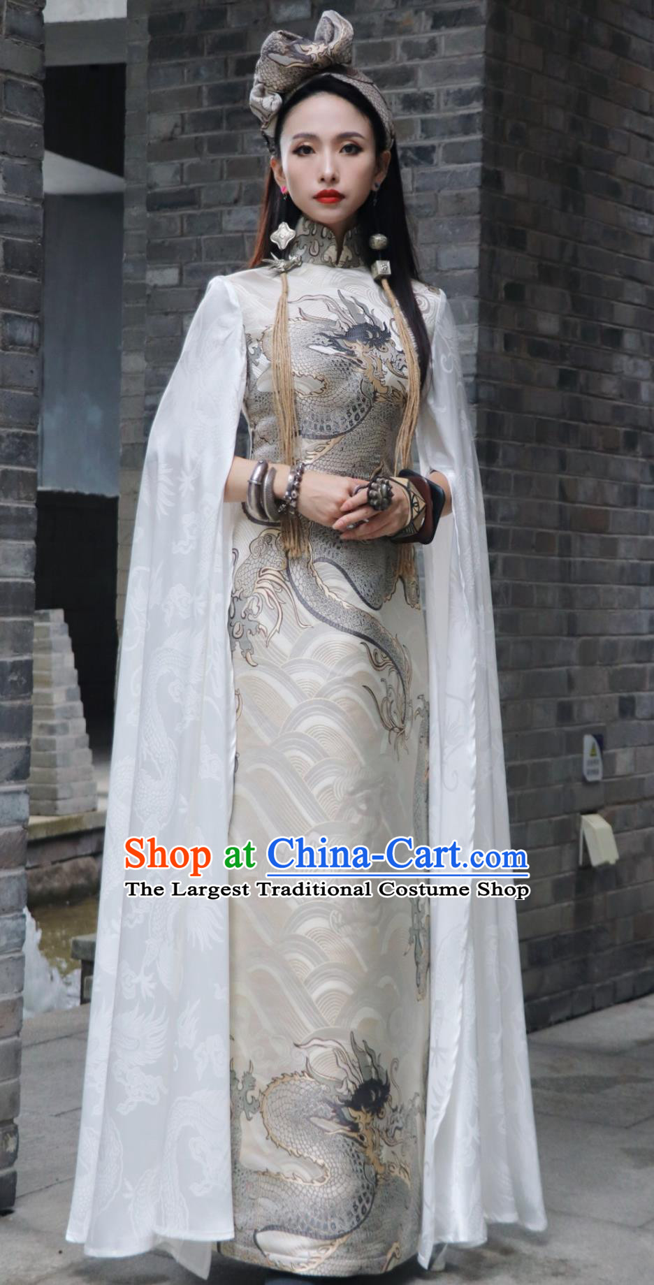 Silver Dragon Jacquard Brocade Long Water Sleeve Stand Collar Qipao Chinese Runway Cheongsam Traditional Dress