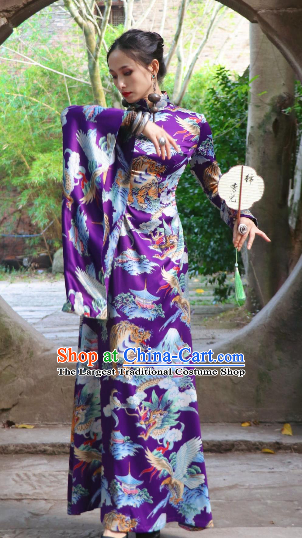 Chinese Style Modified Runway Cheongsam Purple Dragon Tiger Eagle Chiffon Dress Asymmetric Sleeve Stand Collar Qipao