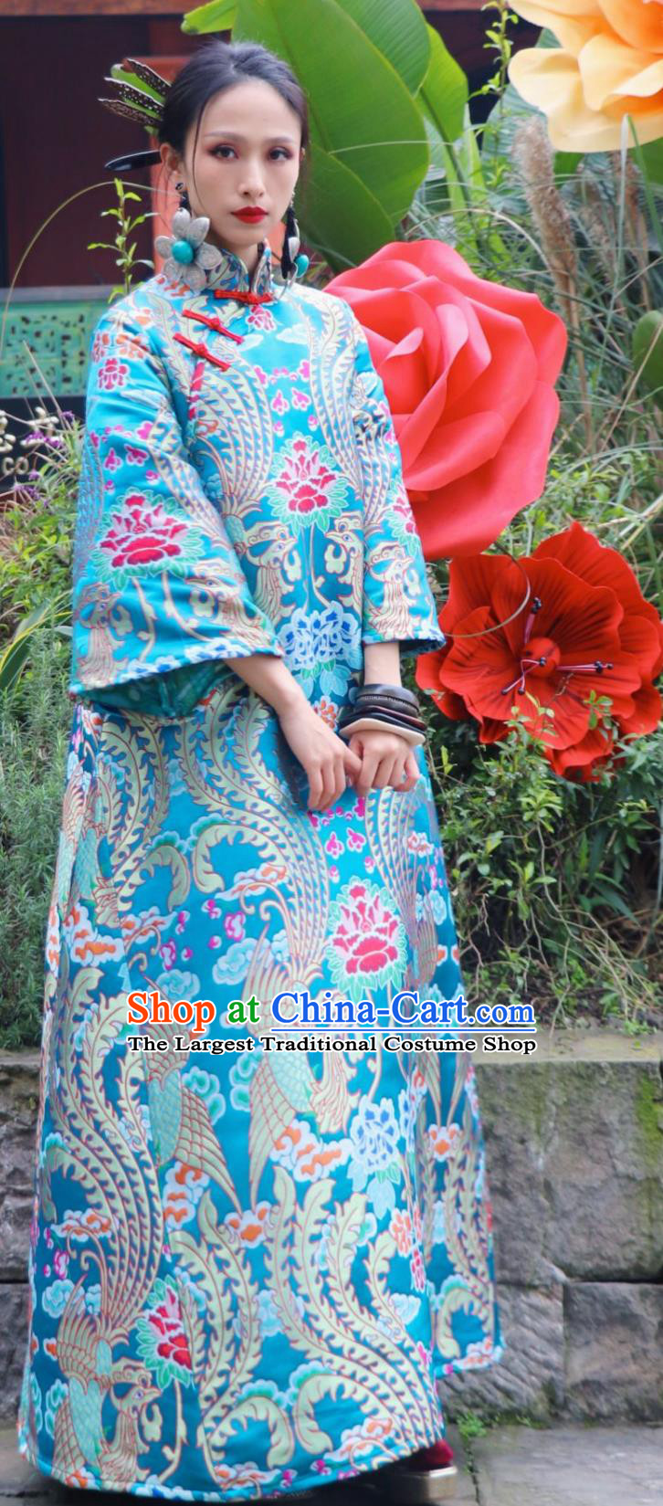 Lake Blue Phoenix Cloud Brocade Chinese Dress Traditional Loose Cheongsam Bell Sleeve Robe