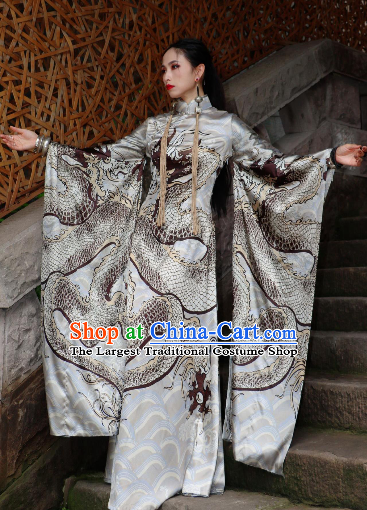 Pearl Luster Silver Dragon High Neck Wide Sleeve Dress Chinese Dragon Robe Runway Cheongsam