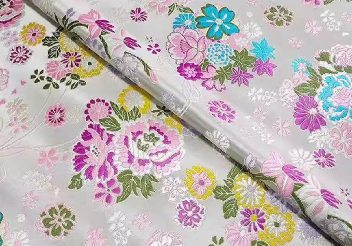 Traditional Tang Suit Cheongsam Fabric Chinese White Brocade Classical Flowers Pattern Design Satin Drapery