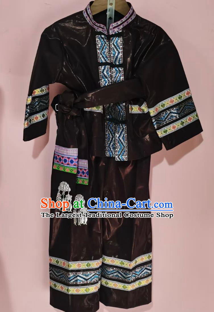 Guizhou Ethnic Minority Costume Chinese Dong Men Performance Suit Pants Belt Three Piece Set