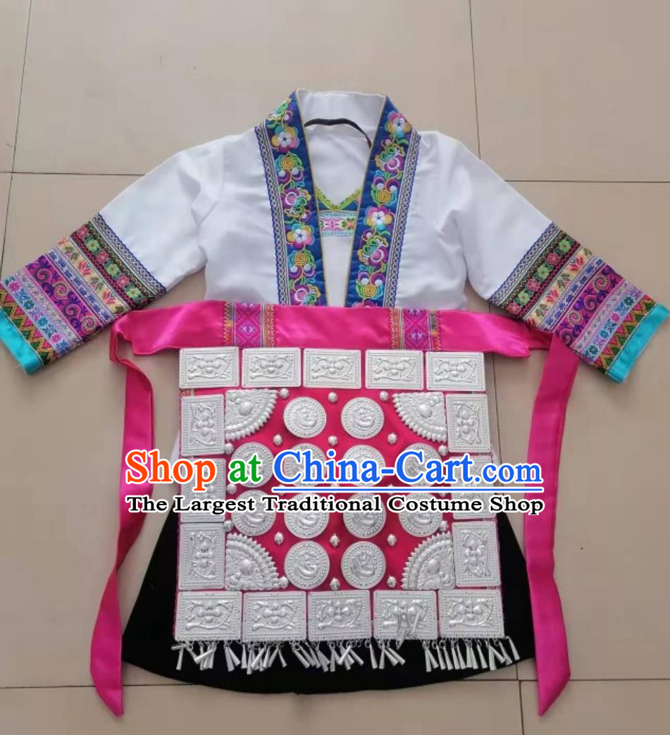 Children Guizhou Ethnic Costume Chinese Dong Nationality Dance White Five Piece Set