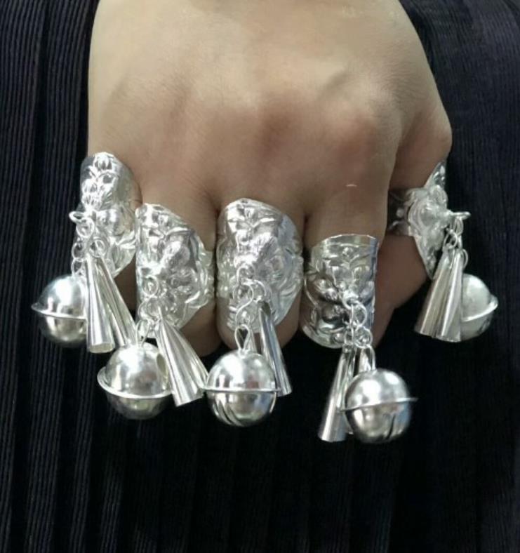 Ethnic Miao Silver Jewelry Chinese Stage Performance Ring With Bells Women Accessories