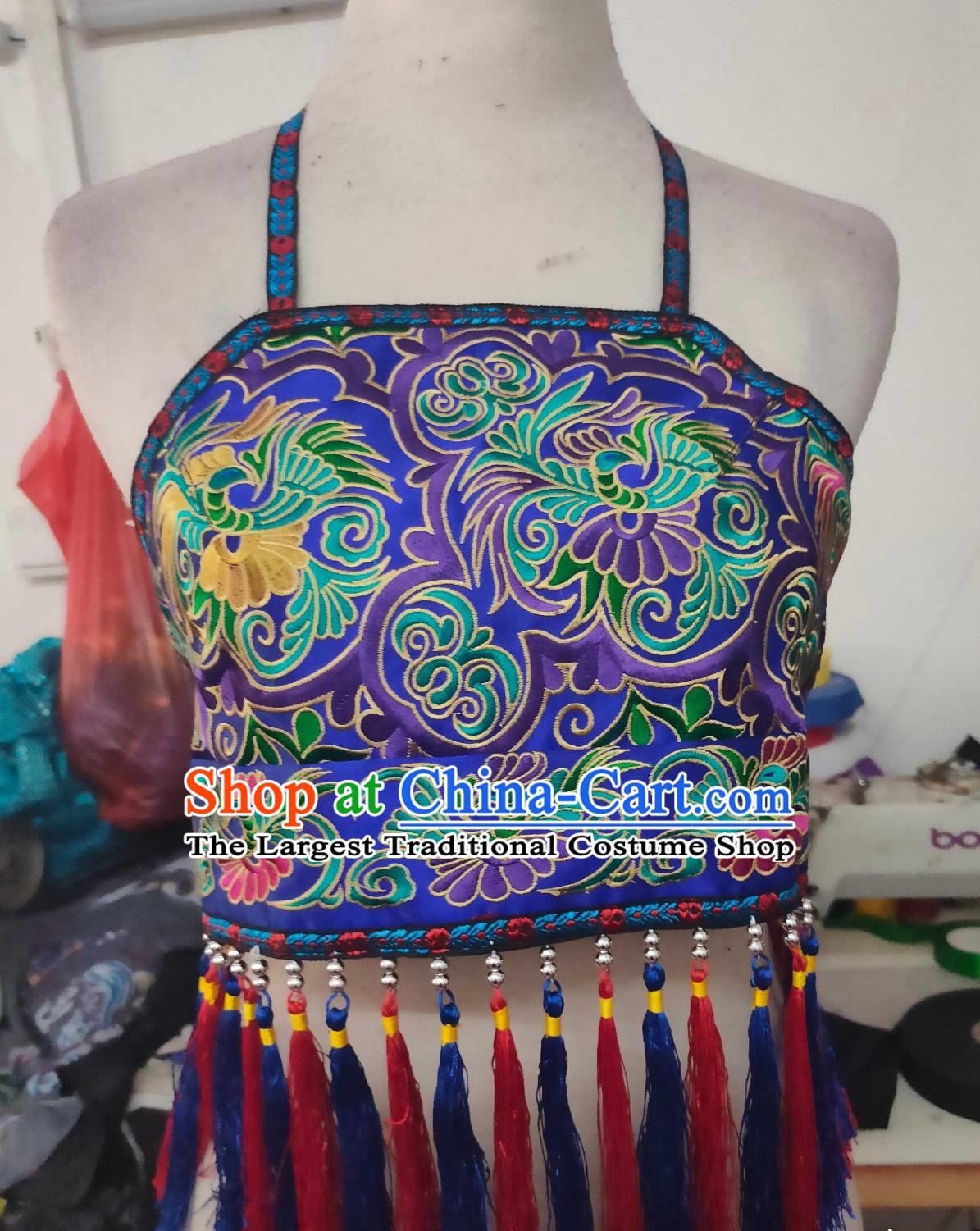 Chinese Ethnic Performance Costume Dance Outfit Traditional Embroidered Fringe Bellyband for Women