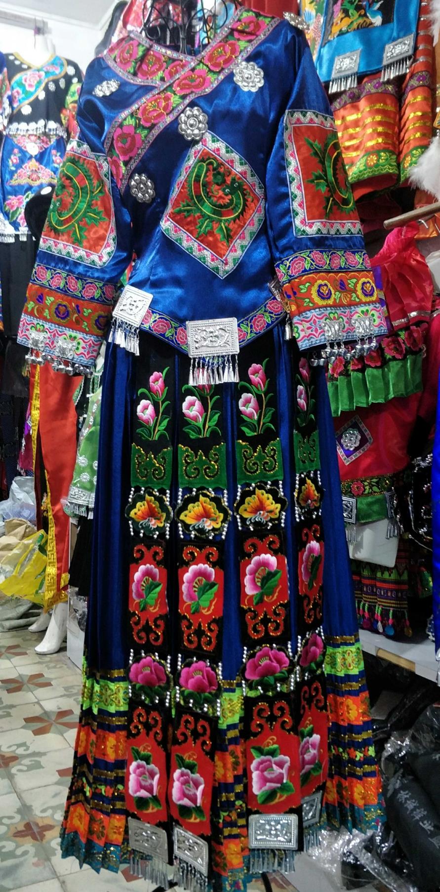 Ethnic Performance Costume Chinese Dong Nationality Dance Outfit Royal Blue Long Dress for Women