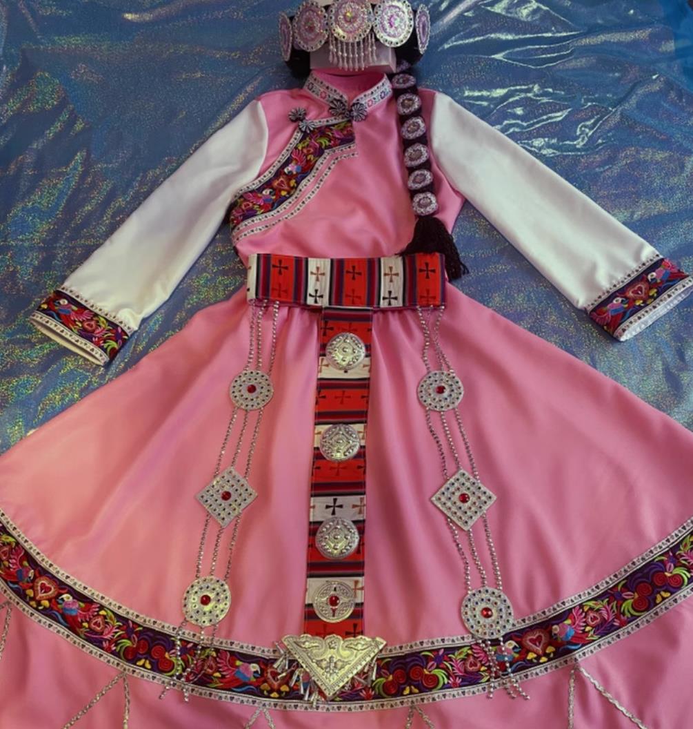 Pink Handmade Naxi Ethnic Embroidery Costume Chinese Minority Nationality Clothing