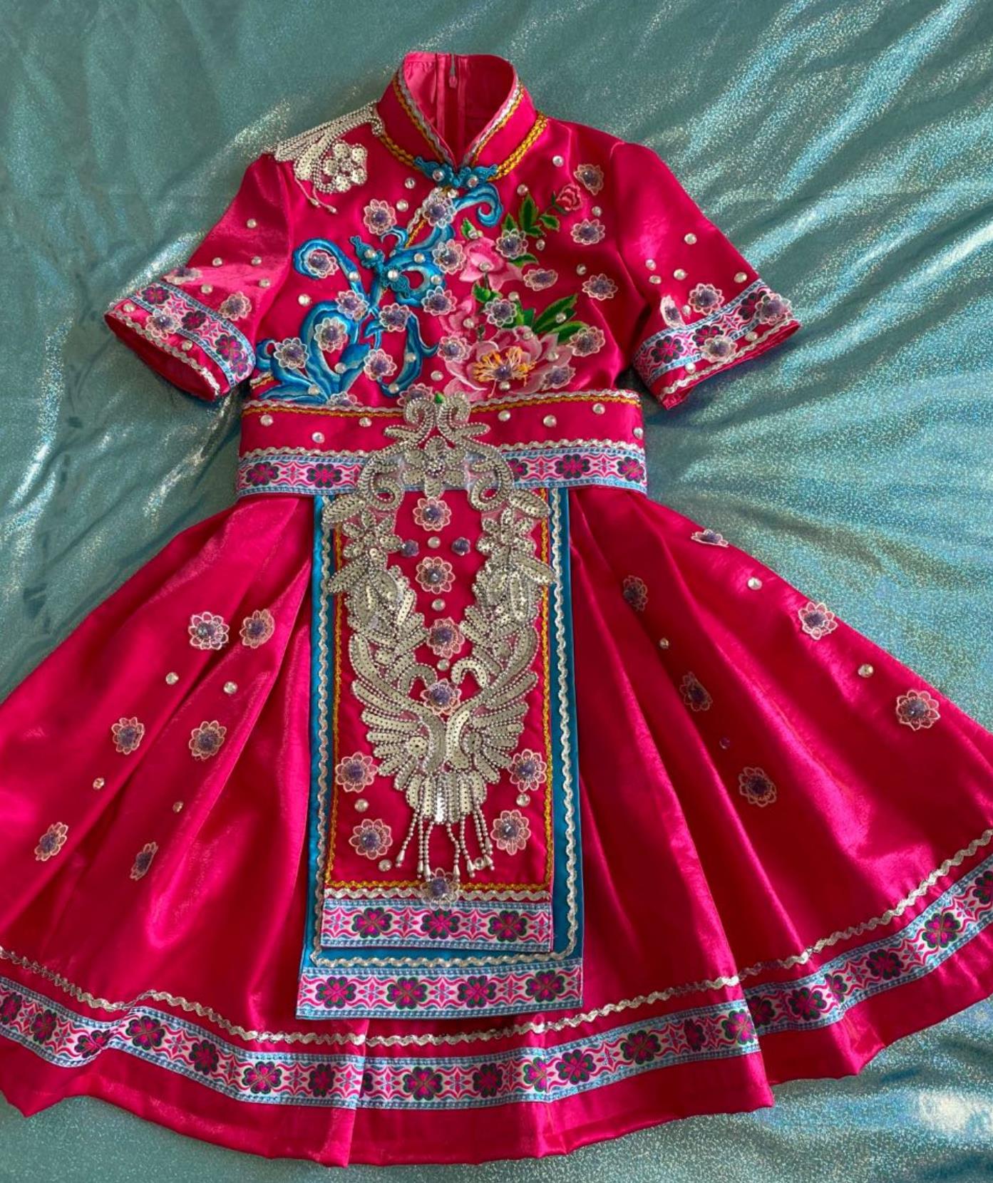 Handmade Naxi Buyi Minority Festival Clothing Chinese Ethnic Costume Children Rosy Dress