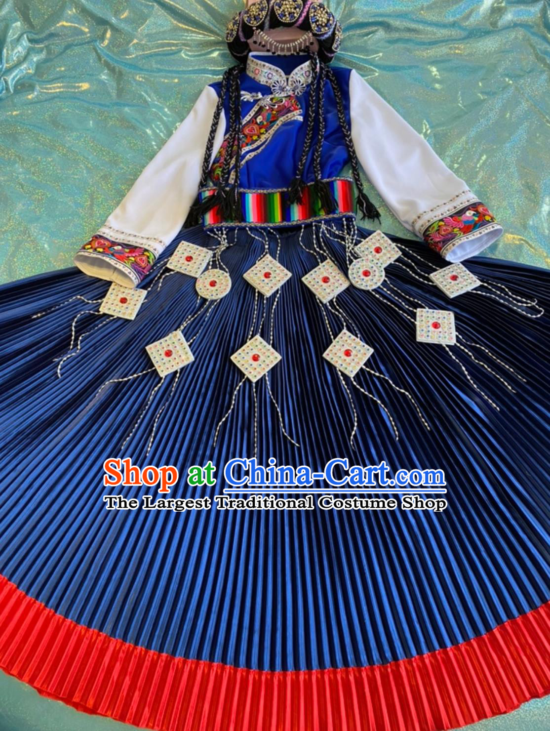 Yunnan Lijiang Ethnic Minority Clothing Chinese Mosuo Naxi Performance Costume Blue Dress