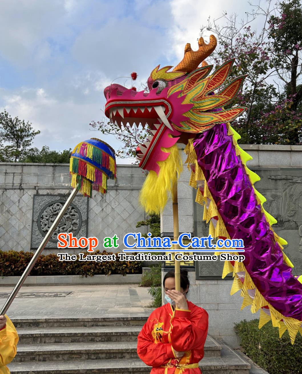 Purple Chinese Dragon Dance Performance Prop Gilding Oxford Dragon Lamp Costume 9 Section Dragon Head Complete Set